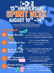 CORE 15th Anniversary Spirit Week graphic promoting daily dress-up themes for August 10–14, including Mask Monday, CORE Spirit Day, Denim & Diamonds, 2011 Throwback Thursday, and Florals & Flops Friday.
