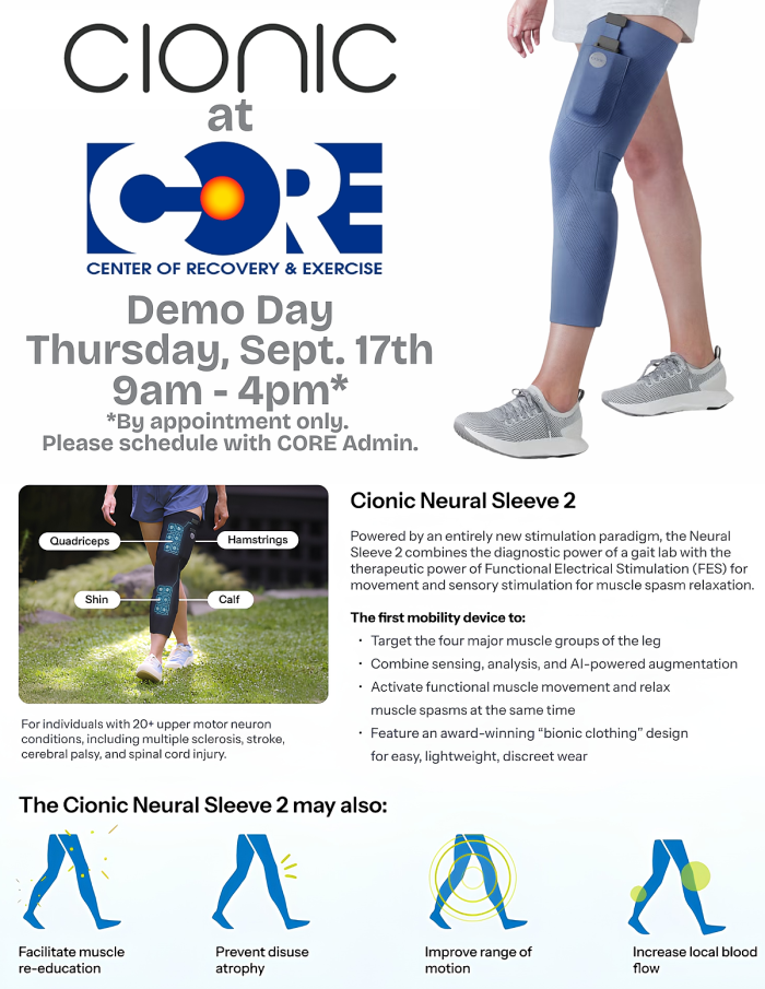 Promotional flyer for a Cionic at CORE Demo Day on Thursday, Sept. 17th from 9 am - 4 pm by appointment only, featuring the Cionic Neural Sleeve 2 mobility device.